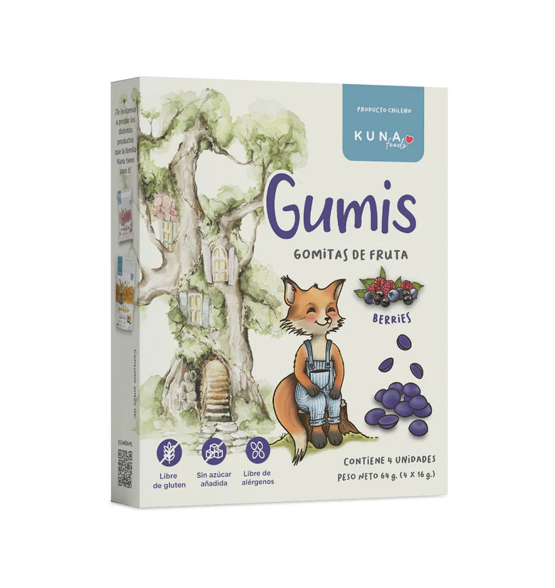 Caja de Gumis de Berries Kuna Foods con 4 bolsas individuales de gomitas de fruta roja natural sin azúcar añadida