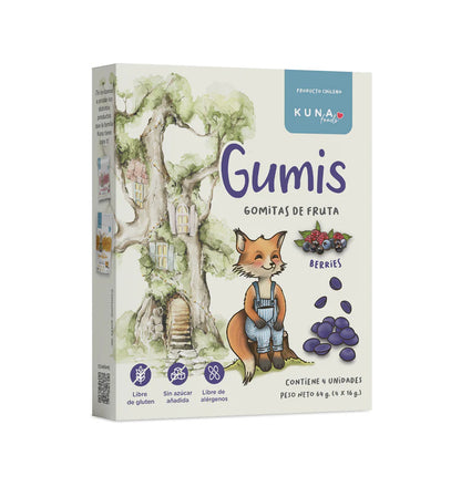 Caja de Gumis de Berries Kuna Foods con 4 bolsas individuales de gomitas de fruta roja natural sin azúcar añadida
