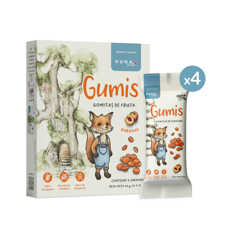 Caja de Gumis de Durazno Kuna Foods con 4 bolsas individuales de gomitas de fruta natural para niños sin azúcar