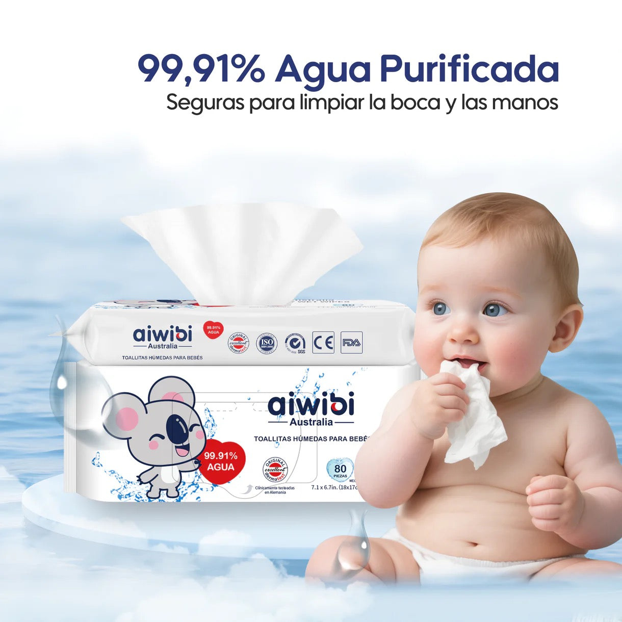 Sello de 99.91 por ciento agua en el envase de las toallitas Aiwibi garantizando pureza
