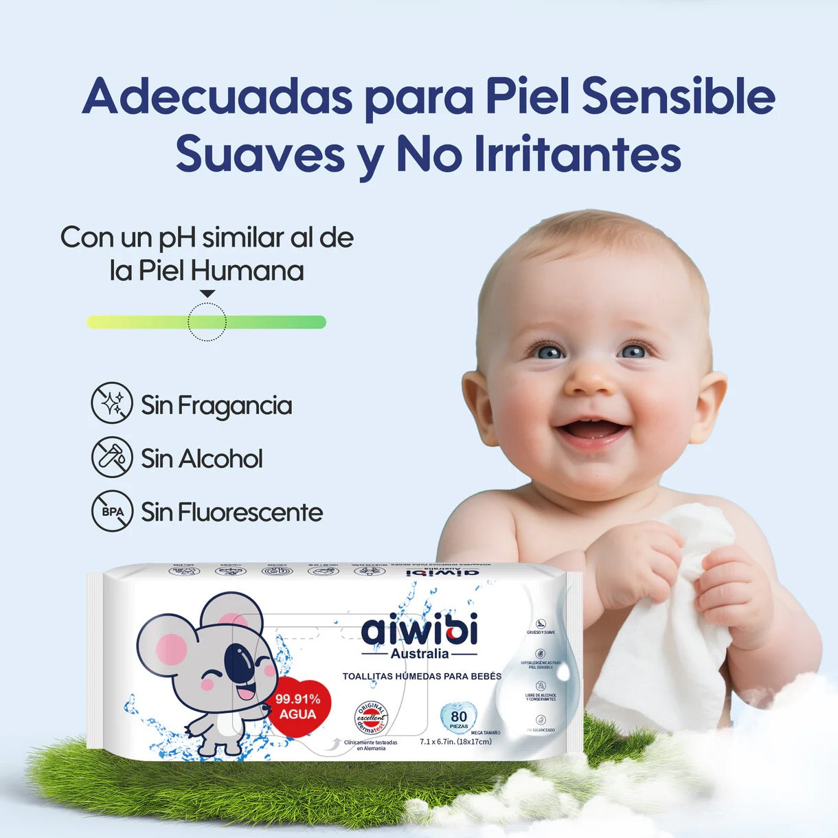 Textura suave y resistente de la toallita húmeda Aiwibi para limpieza de piel sensible