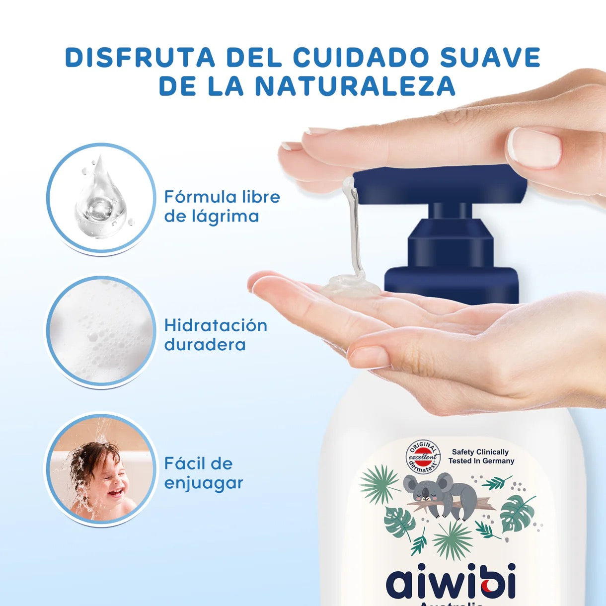 Detalle de la espuma suave y cremosa del shampoo y jabón líquido 2 en 1 Aiwibi