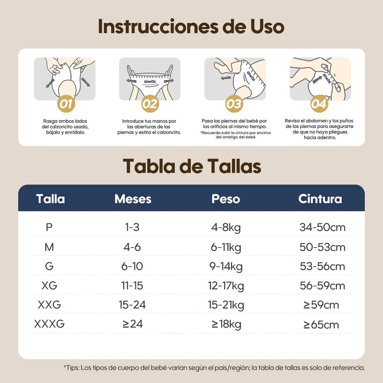 Variedad de tallas L, XL, XXL de pañales pants Aiwibi en formato pack ahorro