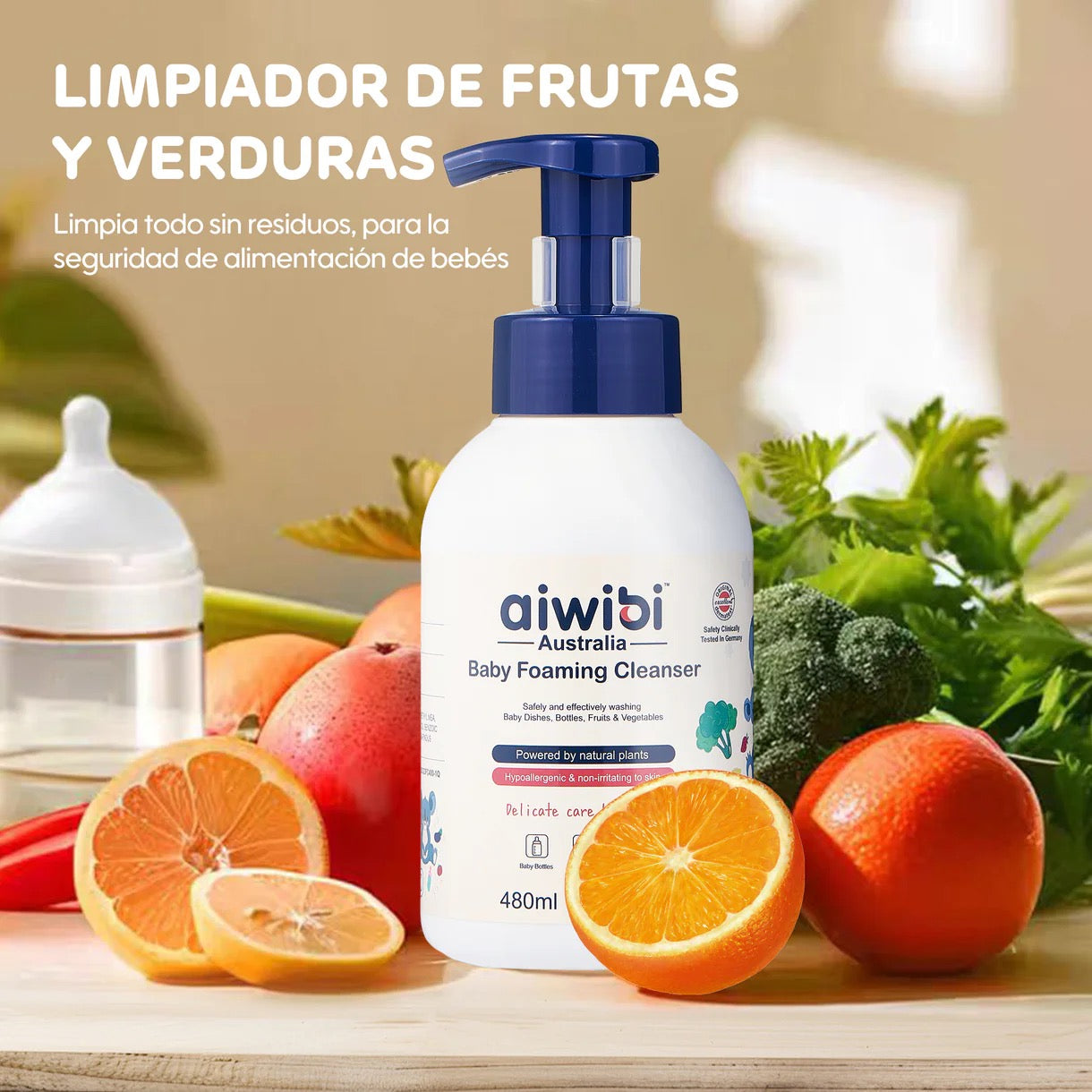 Botella de limpiador Aiwibi 480ml lavando frutas y verduras de forma segura para bebés