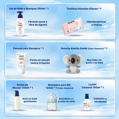 Contenido del kit de bienvenida Aiwibi para bebés con productos hipoalergénicos