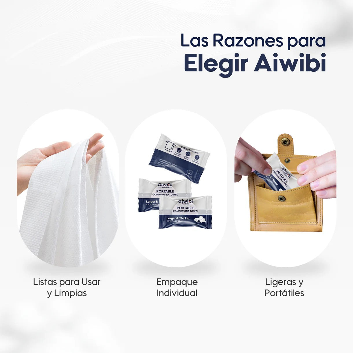 Detalle de toallas comprimidas portátiles Aiwibi con tamaño compacto similar a una moneda