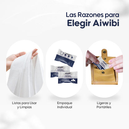 Detalle de toallas comprimidas portátiles Aiwibi con tamaño compacto similar a una moneda