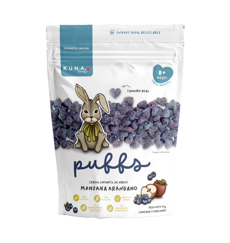 Bolsa familiar de Puffs de Manzana y Arándano Kuna Foods 50g cereal saludable para niños sin azúcar ni sal