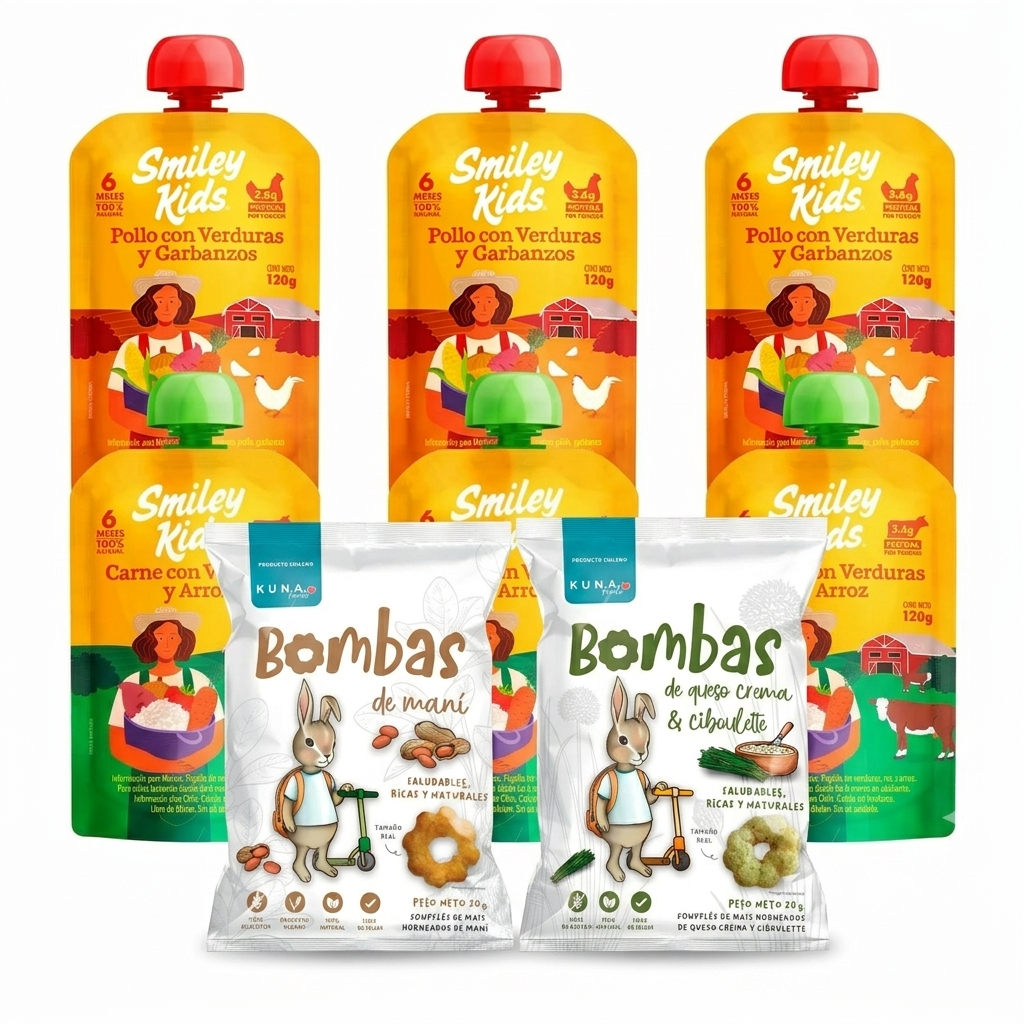 Mini Pack Comida Real Smiley con Colados Orgánicos y Bombas de Maní Kuna — Misión Papá Chile