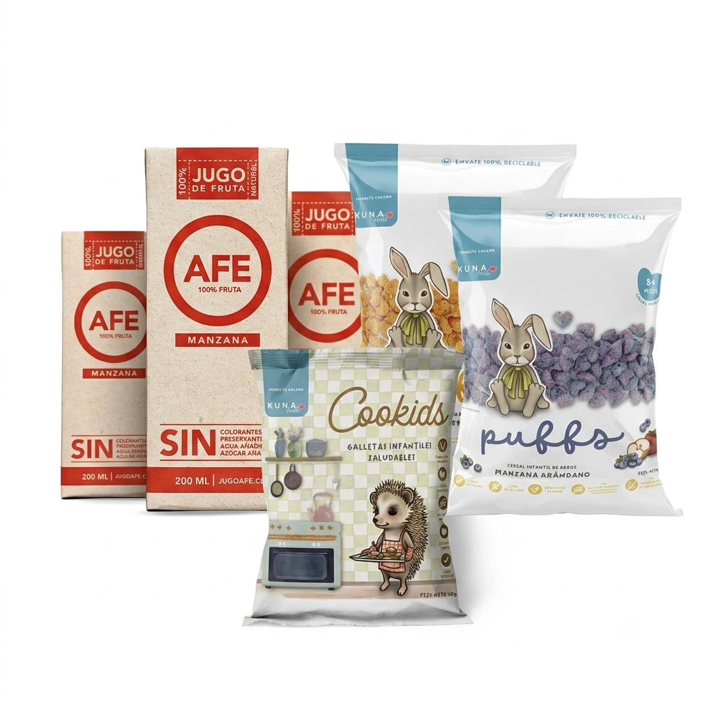 Mini Pack Dulce Sin Culpa con Jugo de Manzana AFE, Puffs Kuna Foods y Galleta Cookids — Misión Papá Chile