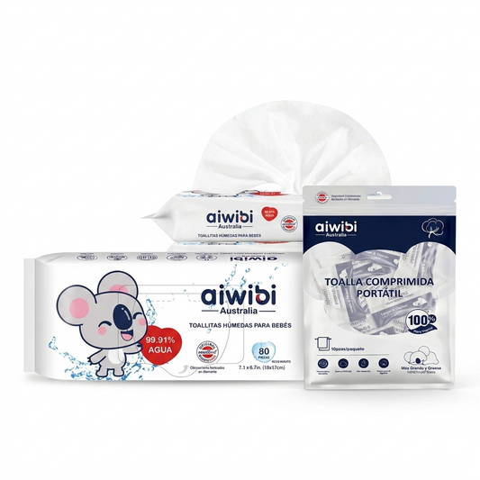 Mini Pack Salida Tranquila con Toallitas Agua Pura y Toallas Comprimidas Aiwibi — Misión Papá Chile
