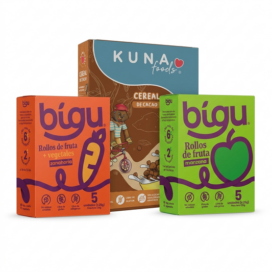 Mini Pack Variedad Recreo con Snack de Verdura, Rollitos de Fruta Bigu y Cereal Infantil Kuna — Misión Papá Chile