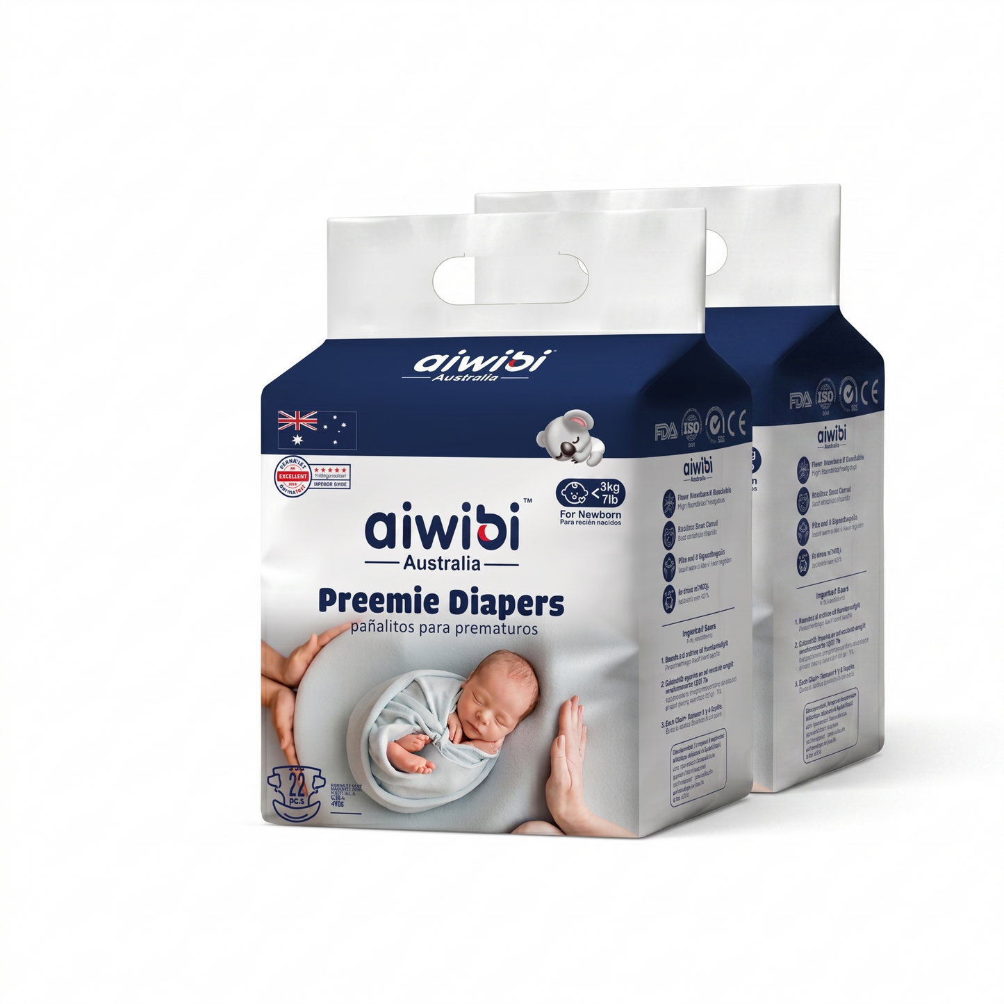 Dos paquetes de pañales Aiwibi para bebés prematuros de menos de 3kg protección especial piel sensible