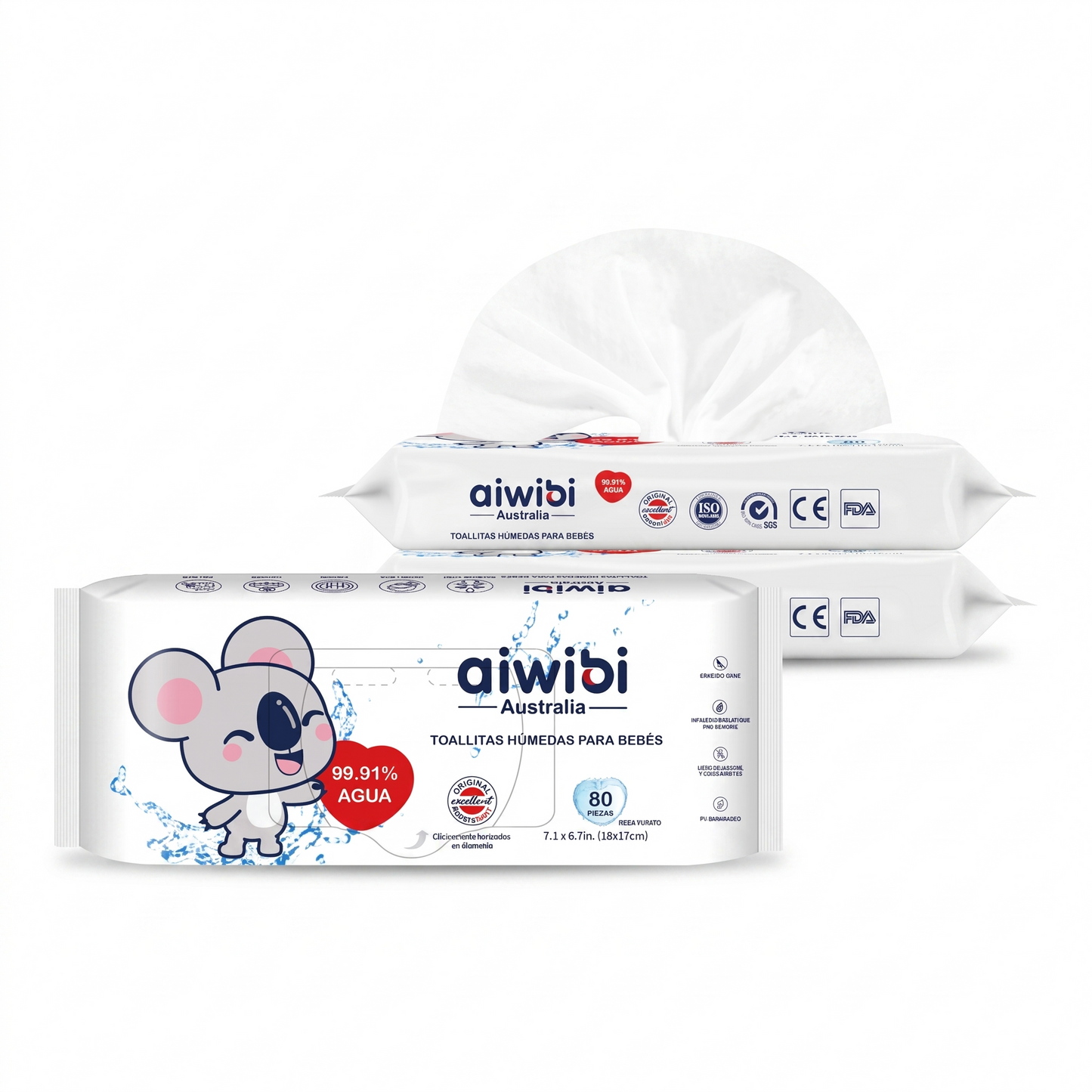Pack ahorro de 3 paquetes de toallitas húmedas Aiwibi 99.91 por ciento agua purificada