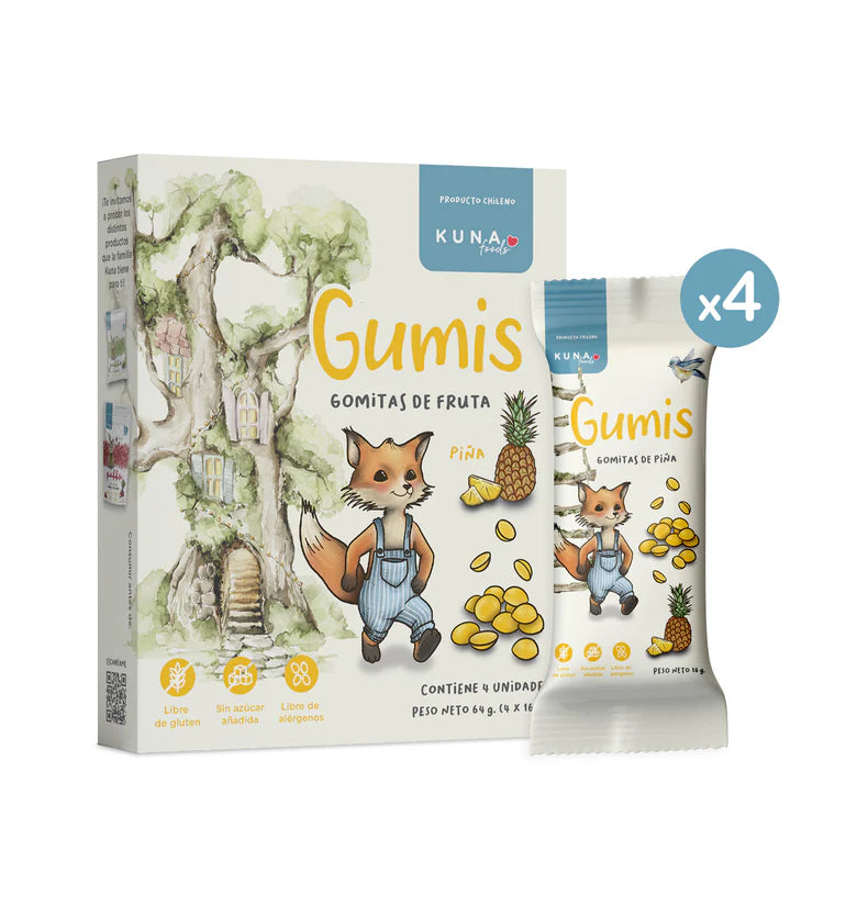 Caja de Gumis de Piña Kuna Foods con 4 bolsitas individuales de gomitas de fruta natural sin azúcar
