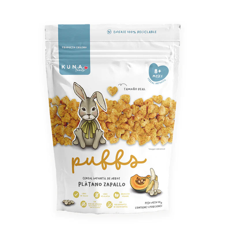 Bolsa familiar de Puffs Plátano Zapallo Kuna Foods 50g snack saludable para bebés que se disuelve en la boca