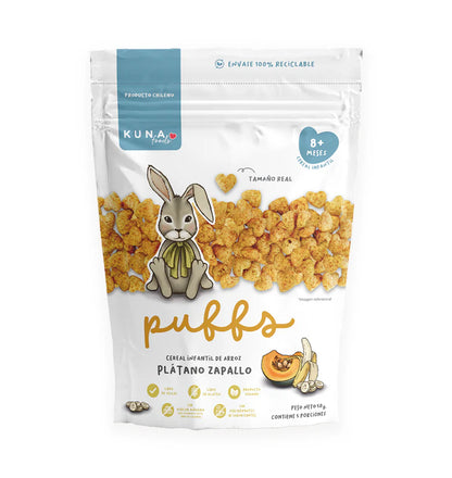 Bolsa familiar de Puffs Plátano Zapallo Kuna Foods 50g snack saludable para bebés que se disuelve en la boca