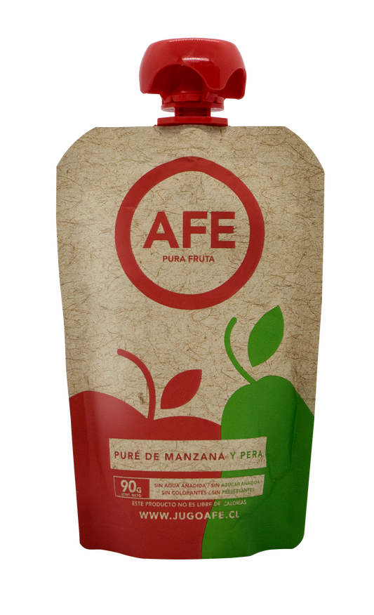 Sachet de puré de manzana y pera AFE 90g colación saludable para niños.