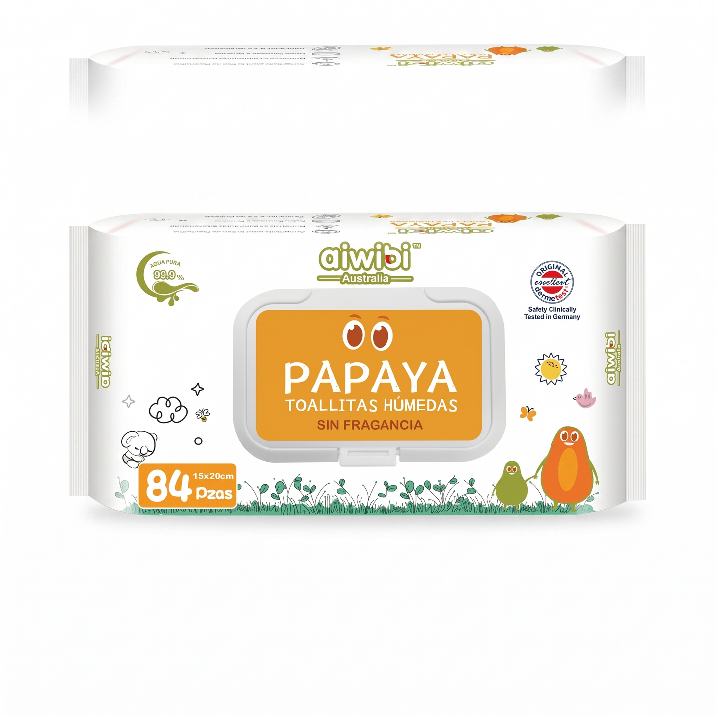 Pack de 3 paquetes de toallitas húmedas Aiwibi de papaya y agua de manantial 252 unidades
